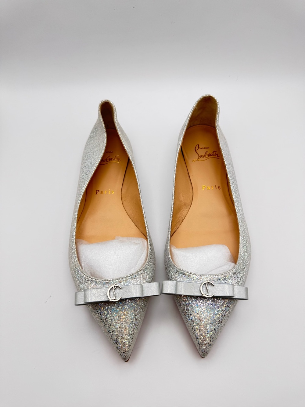 Christian Louboutin Ballalla Glitter Bow Pointed Toe Flats Silver EU 37 US 7